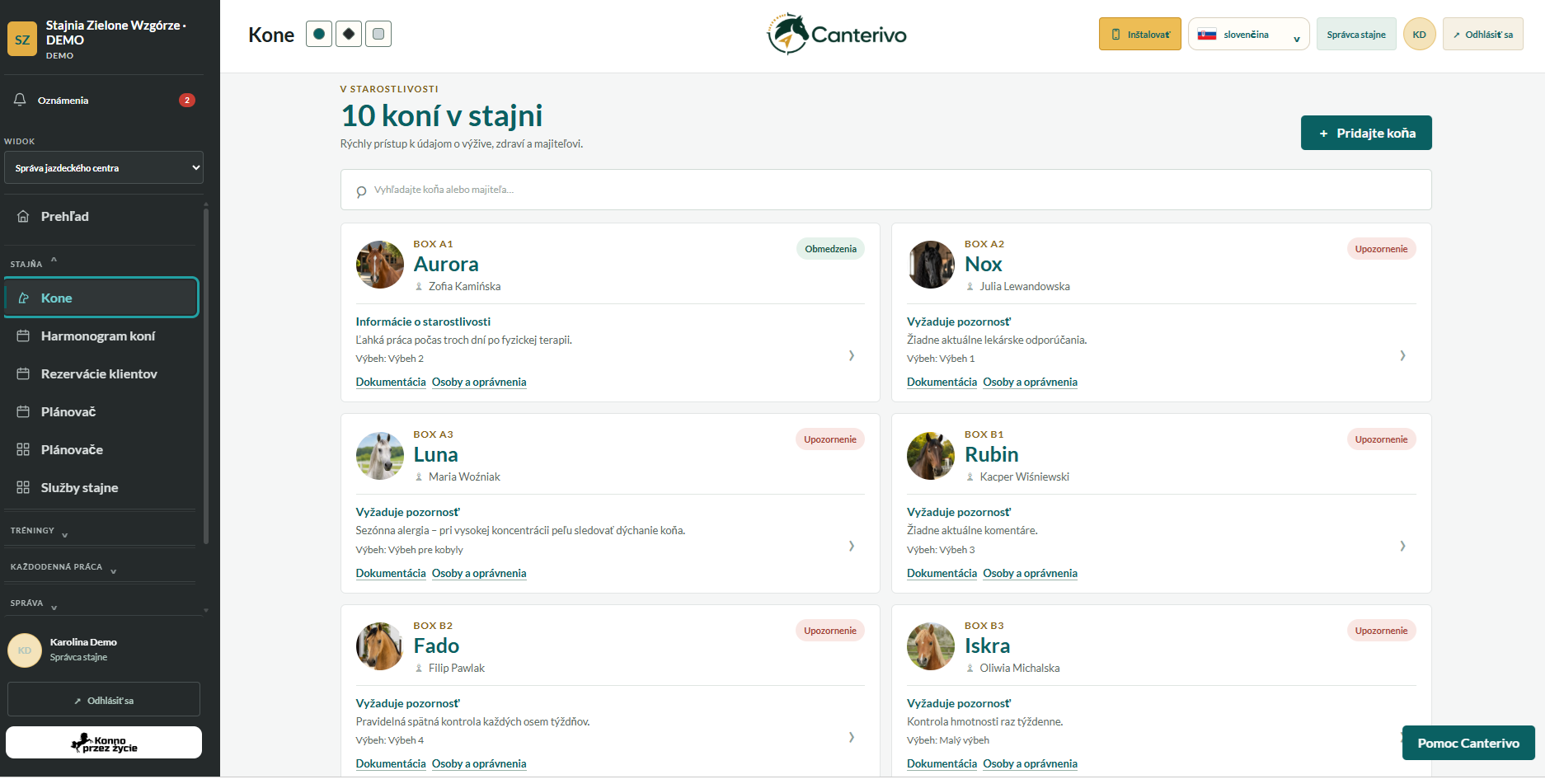 Správa koní v aplikácii Canterivo – profil koňa a dokumentácia
