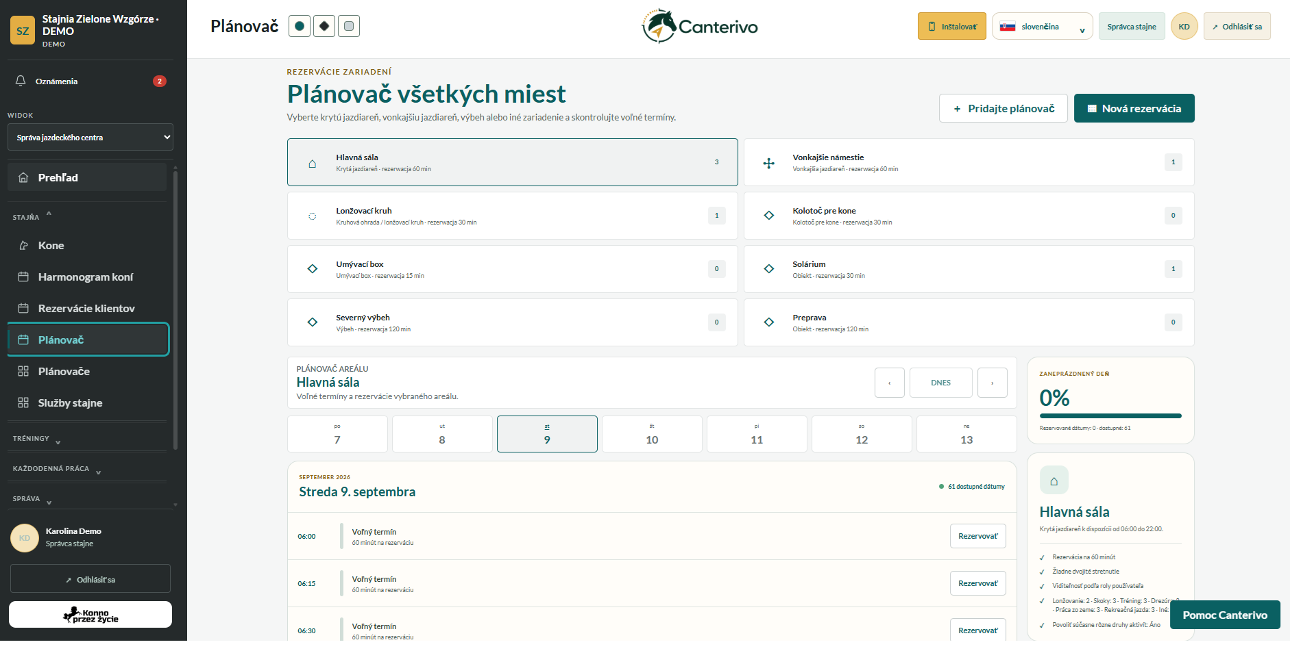 Plánovač jazdiarne v jazdeckej škole Canterivo