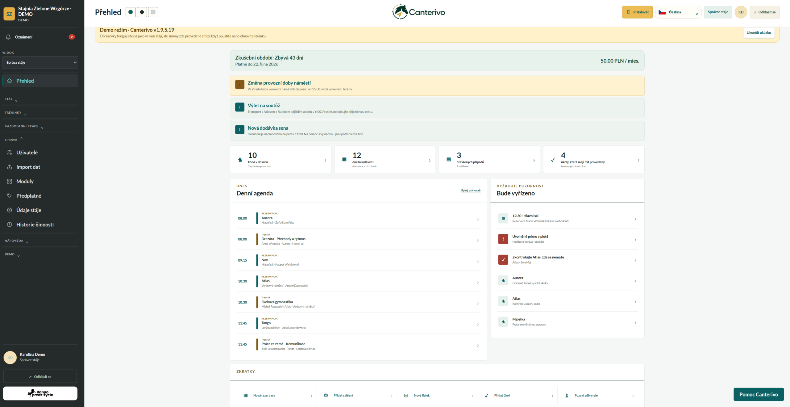 Program pro správu stáje Canterivo – hlavní přehled aplikace