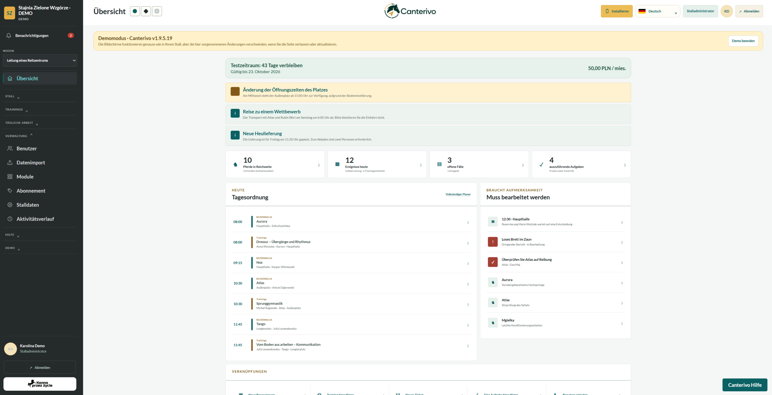 Canterivo Software zur Stallverwaltung – Dashboard