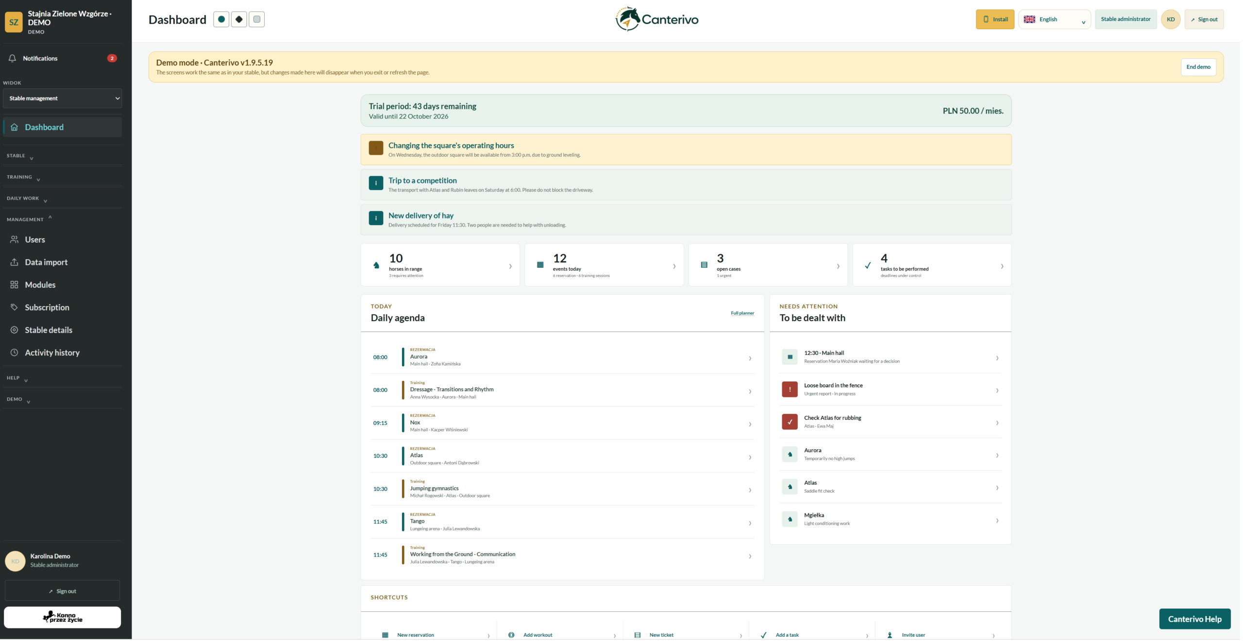 Canterivo stable management software dashboard