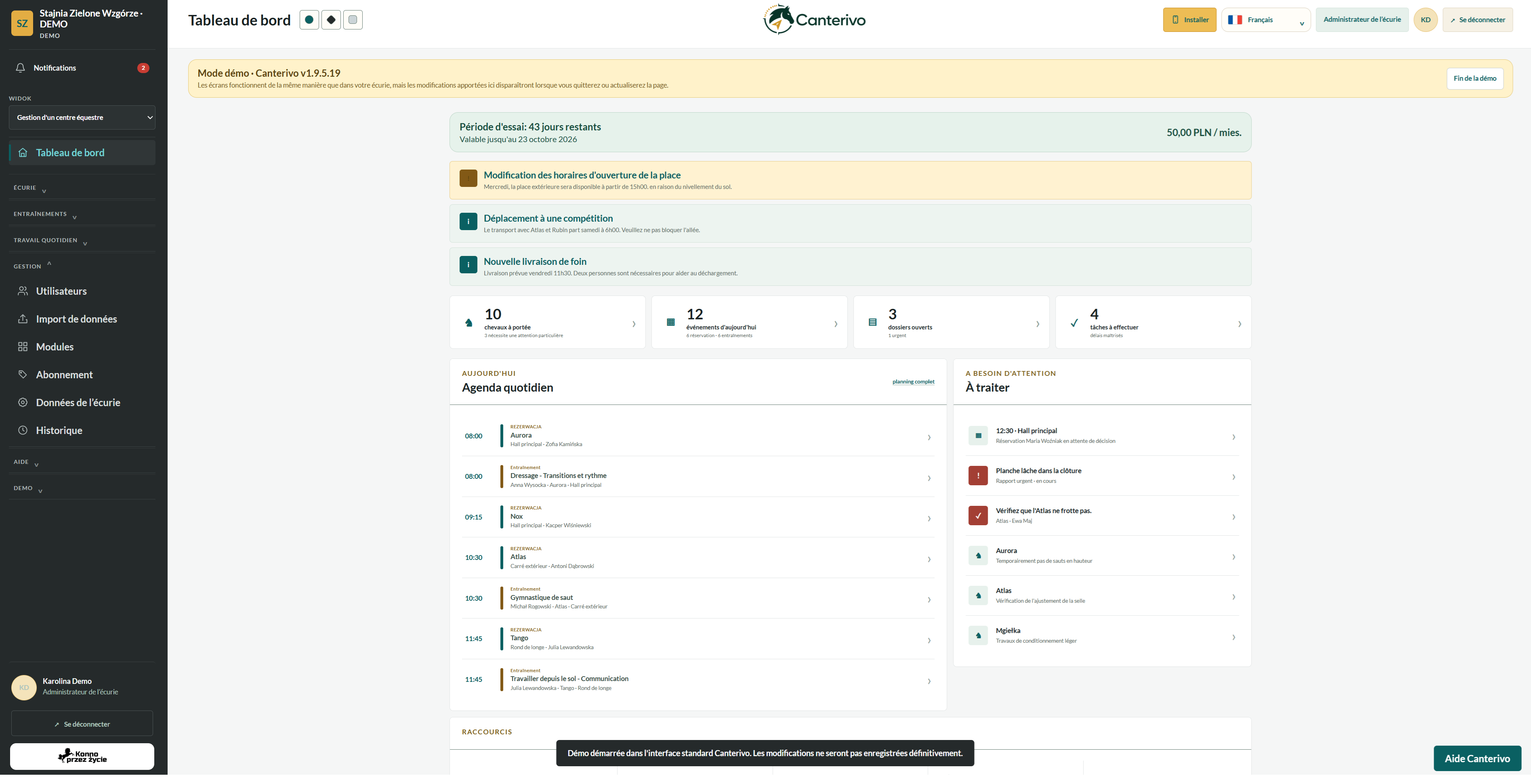 Logiciel de gestion d’écurie Canterivo – tableau de bord
