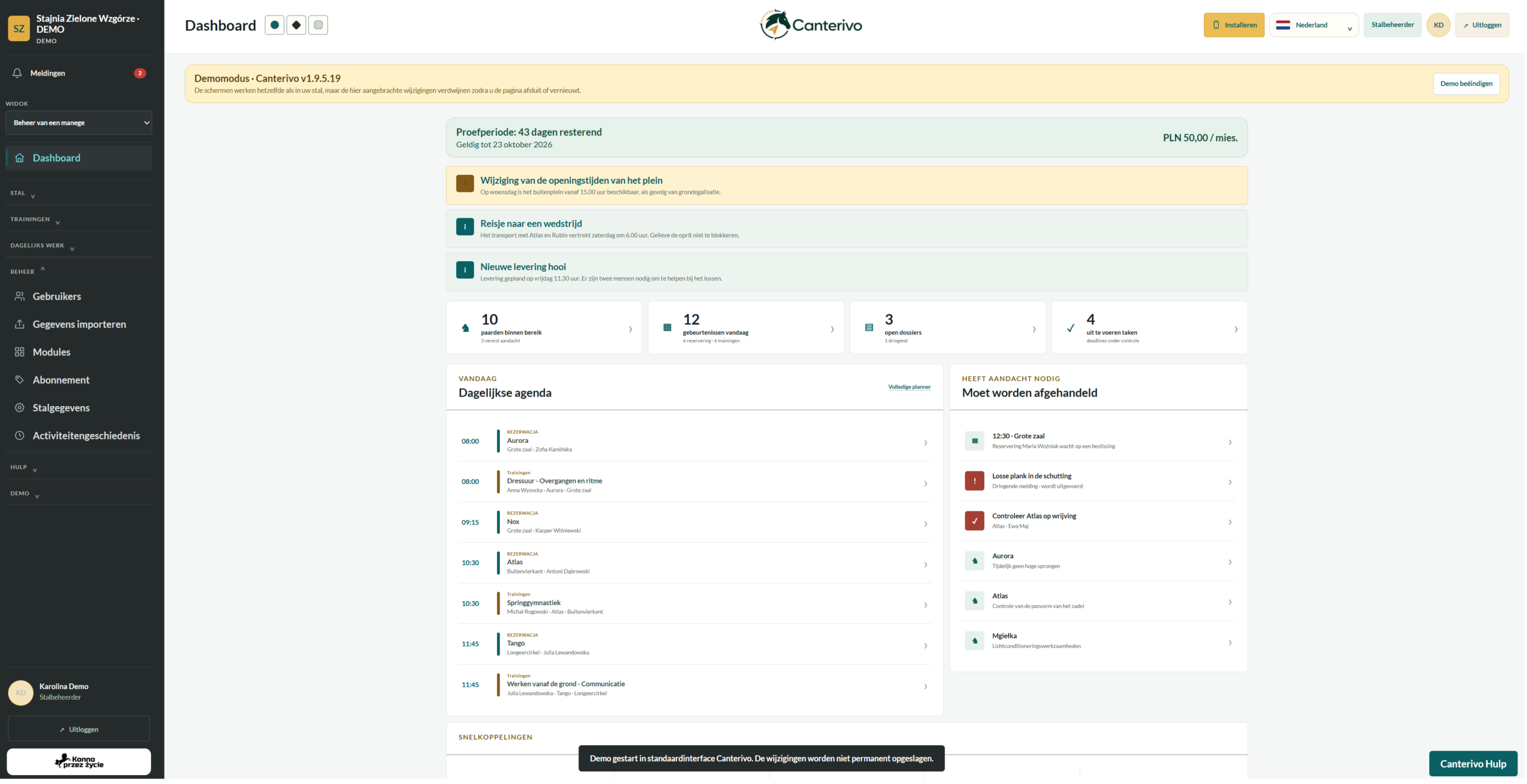 Canterivo software voor stalbeheer – dashboard